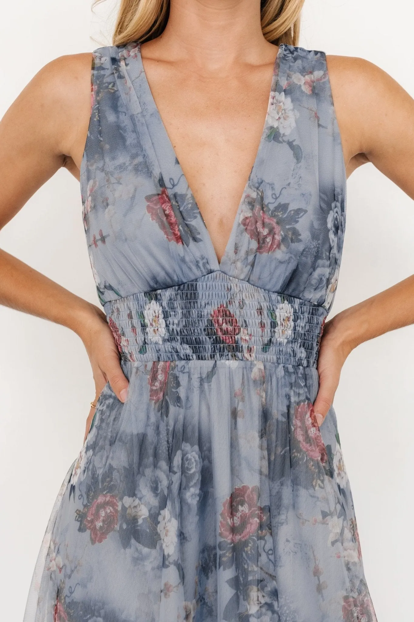 Kamila Tulle Maxi Dress | Dusty Blue Floral sold by Baltic Born product image thumbnail 2