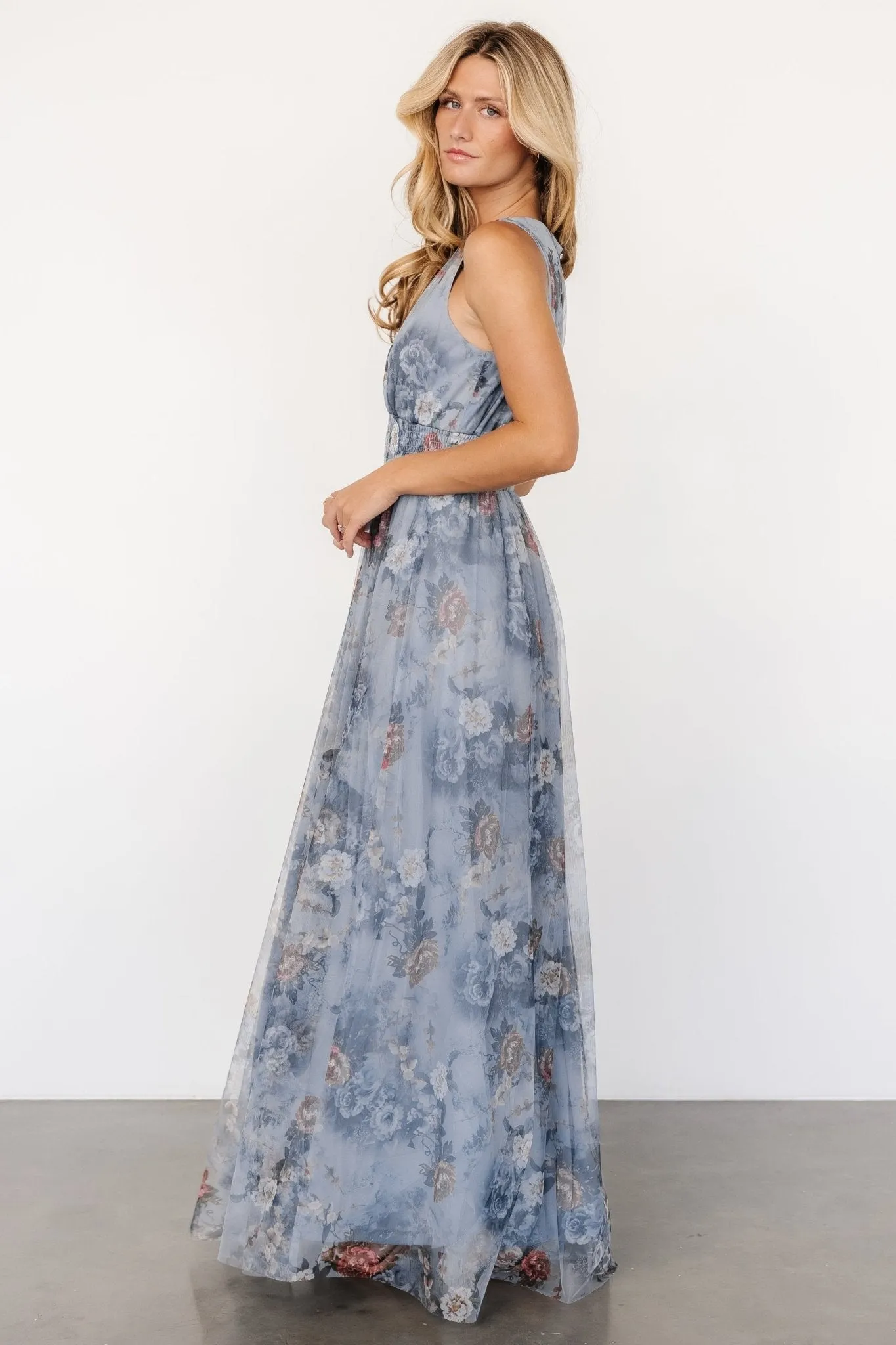 Kamila Tulle Maxi Dress | Dusty Blue Floral sold by Baltic Born product image thumbnail 3