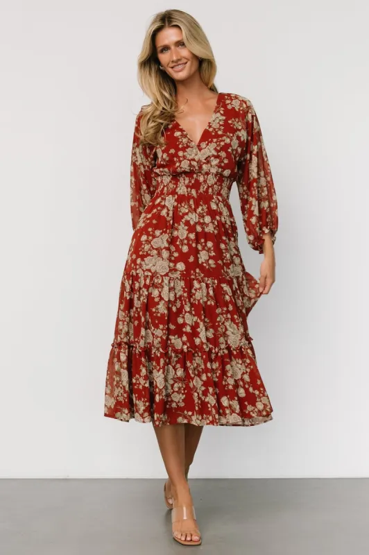 Coventry Tiered Midi Dress | Rust Floral sold by Baltic Born