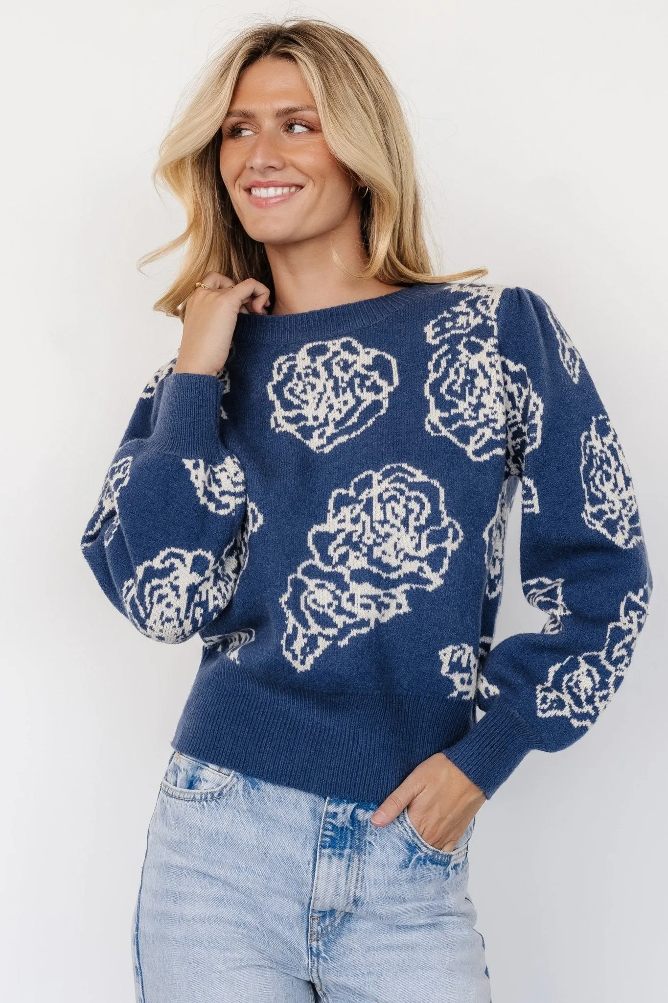 Blake Floral Sweater | Blue + Cream sold by Baltic Born