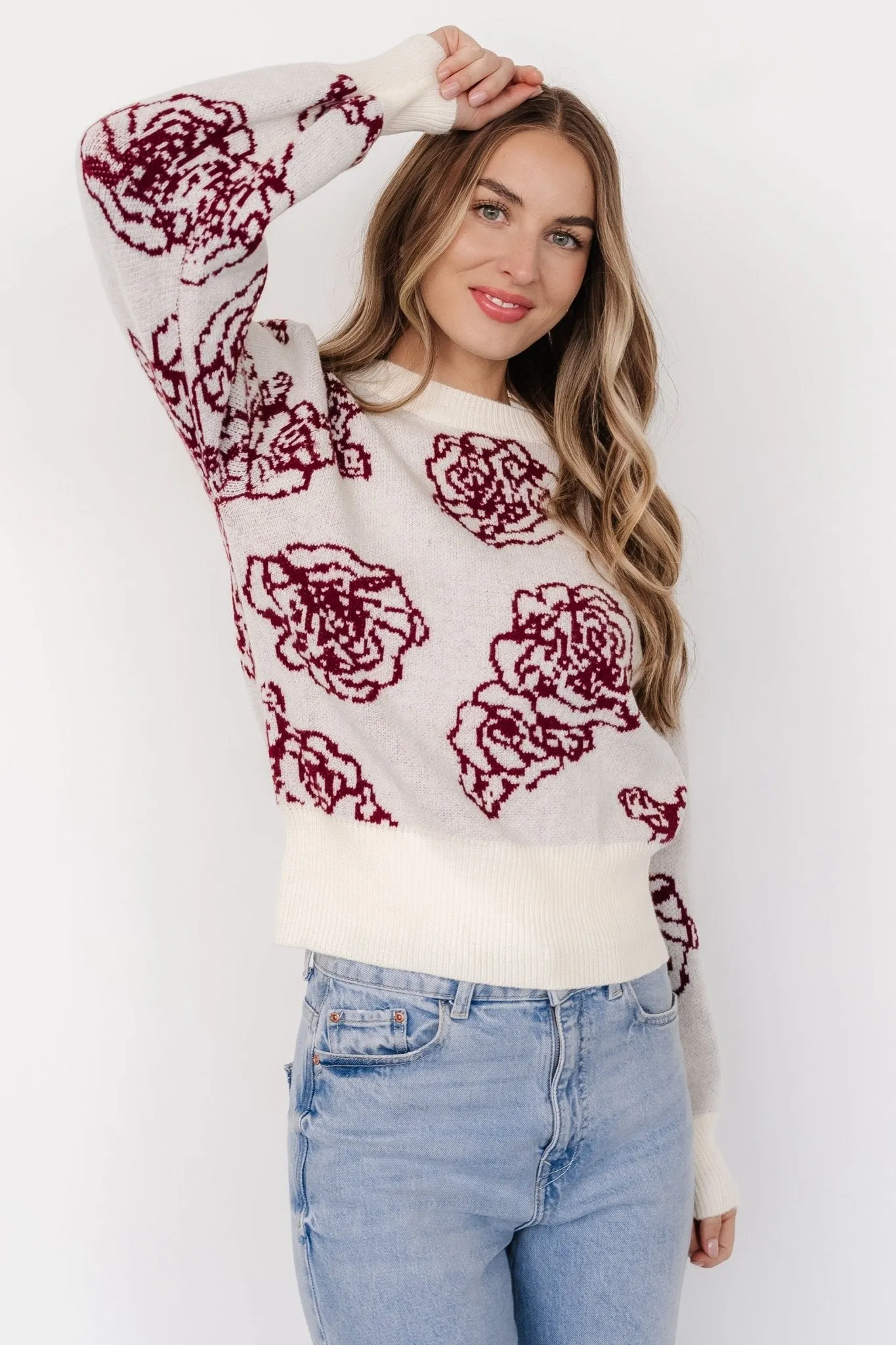 Blake Floral Sweater | Off White + Burgundy sold by Baltic Born product image thumbnail 3