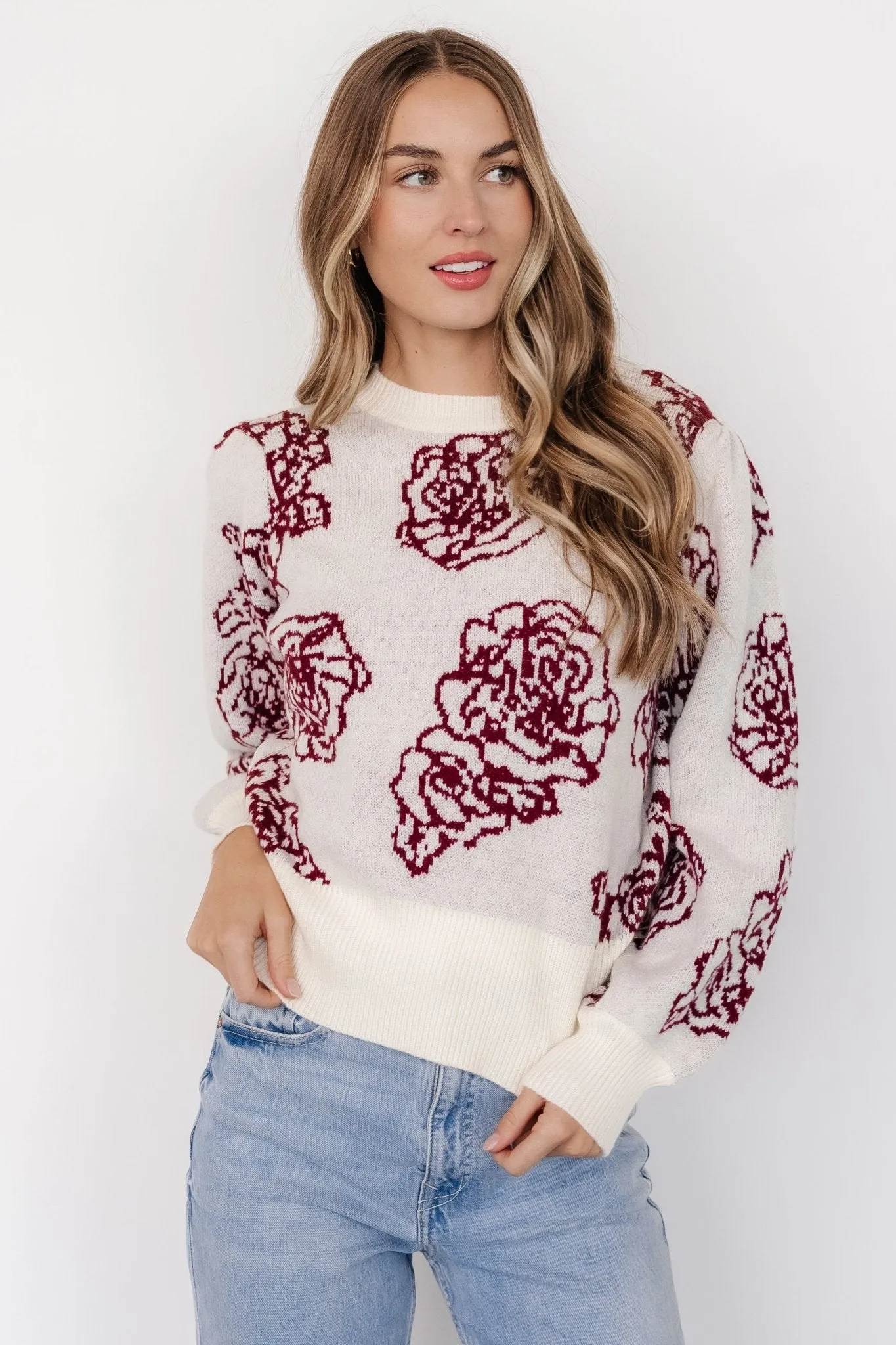 Blake Floral Sweater | Off White + Burgundy sold by Baltic Born