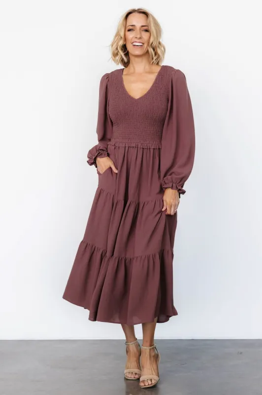 Endsley Smocked Midi Dress | Mauve sold by Baltic Born