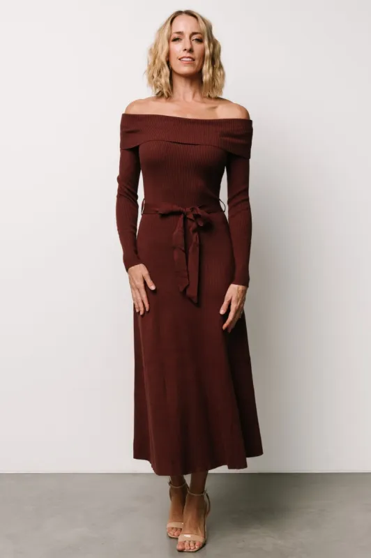 Rheta Off Shoulder Sweater Dress | Mahogany sold by Baltic Born
