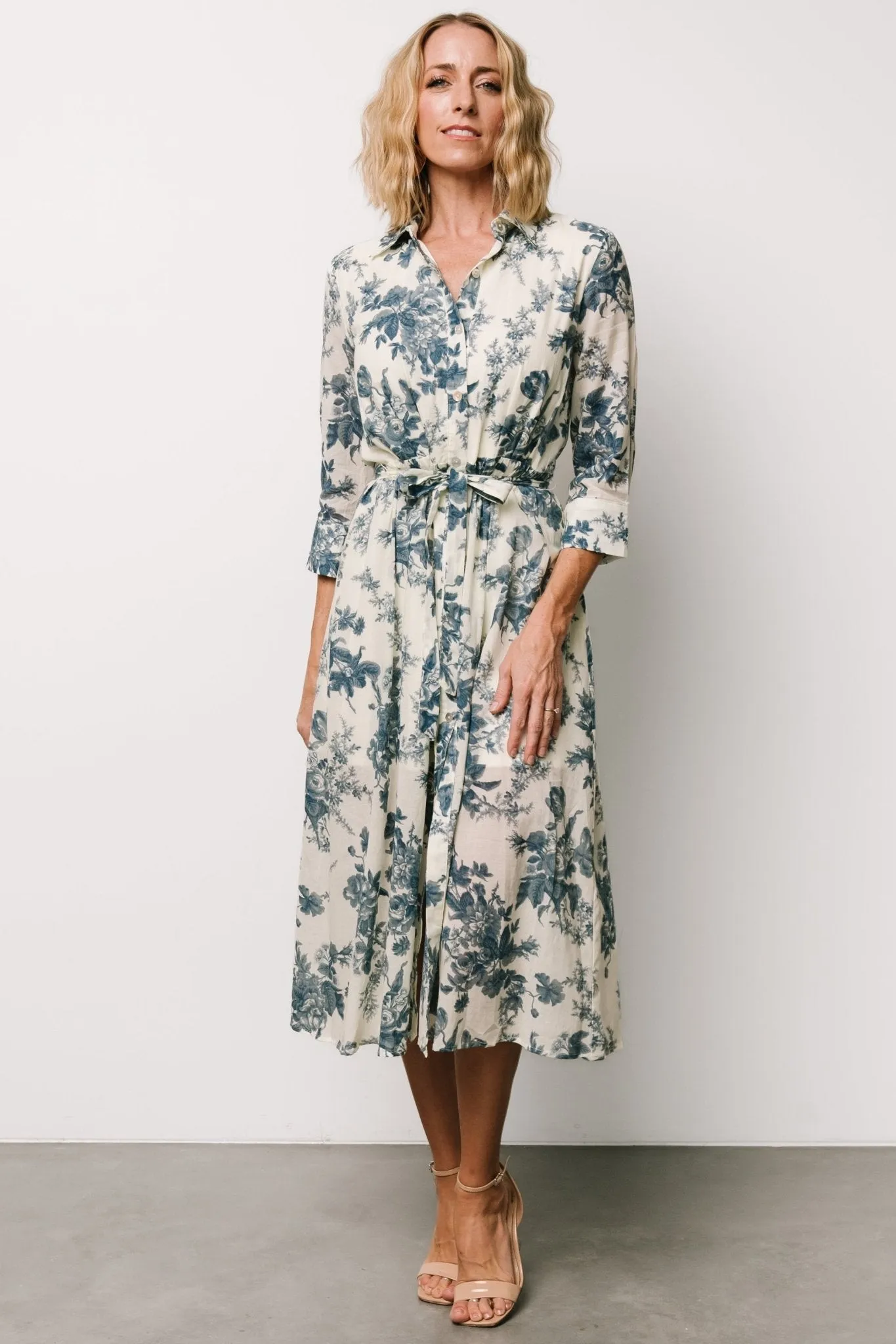 Eunice Button Midi Dress | Ivory + Blue Floral sold by Baltic Born product image thumbnail 5