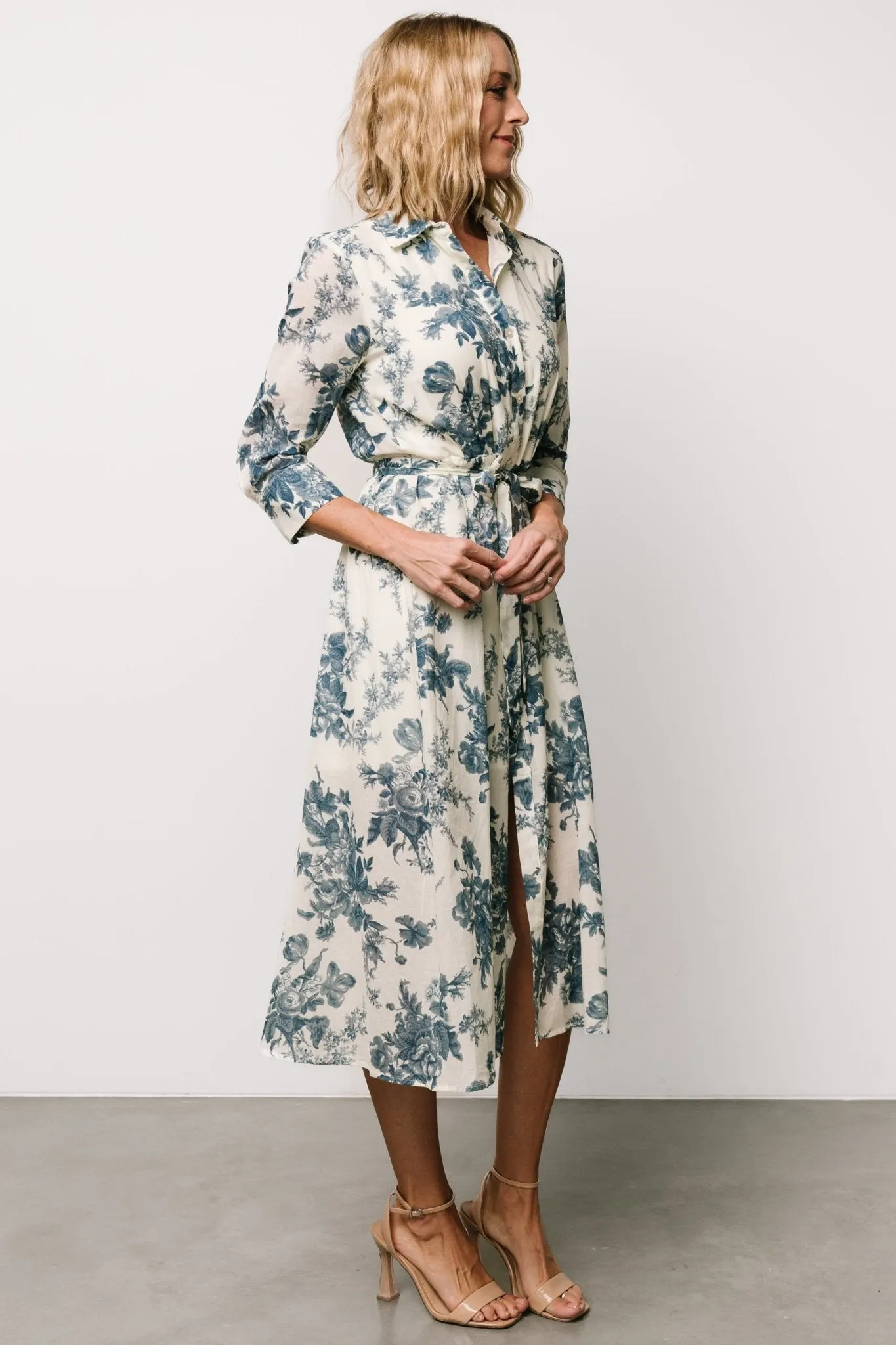 Eunice Button Midi Dress | Ivory + Blue Floral sold by Baltic Born product image thumbnail 3