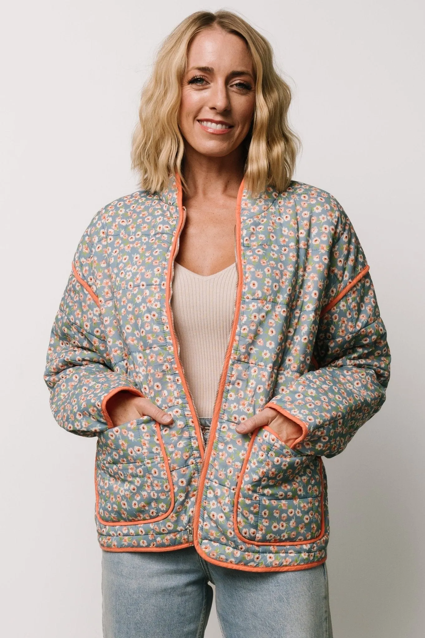 Vida Jacket | Dusty Blue + Coral Floral sold by Baltic Born