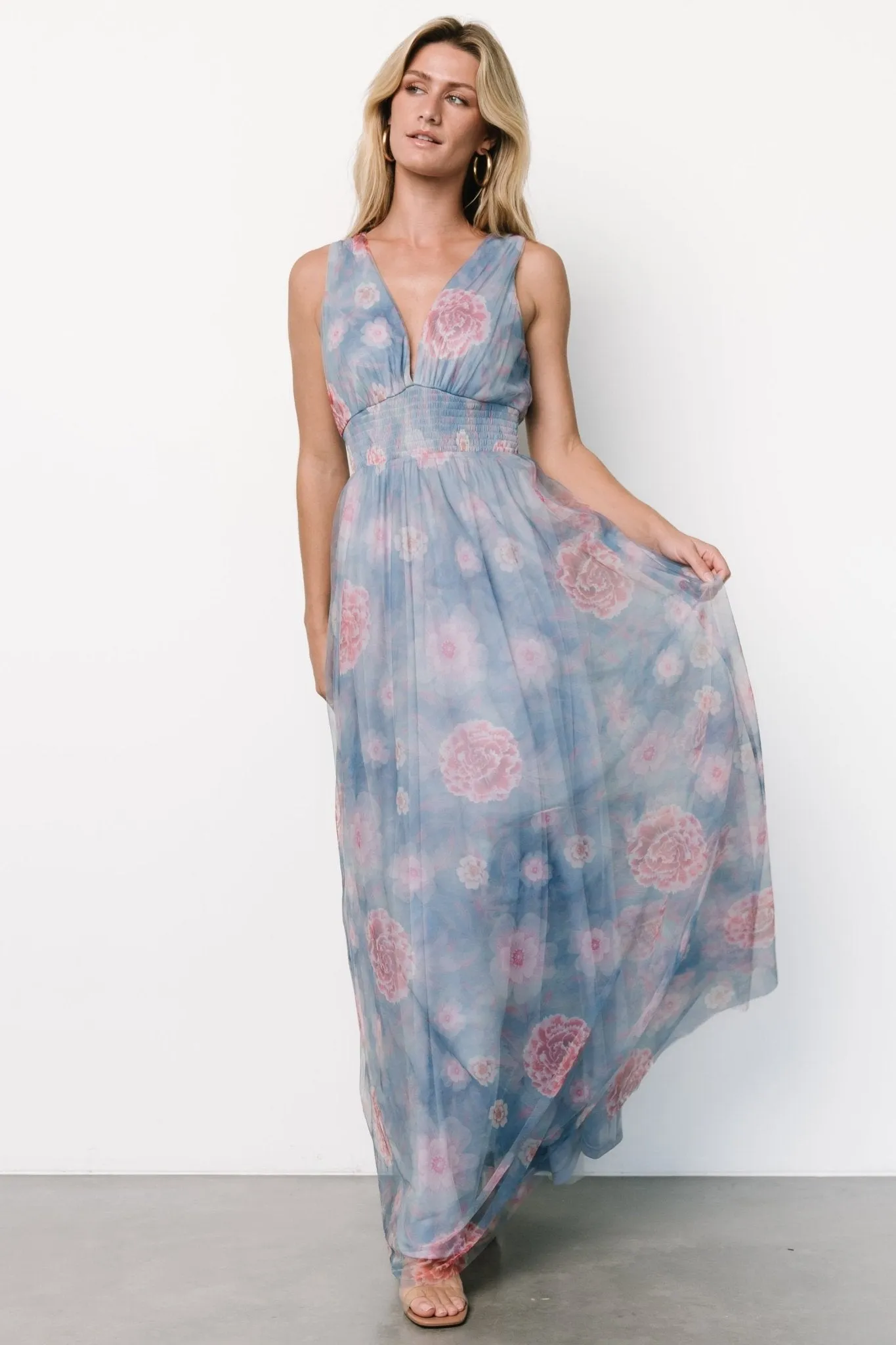 Kamila Tulle Maxi Dress | Light Blue + Pink Floral sold by Baltic Born