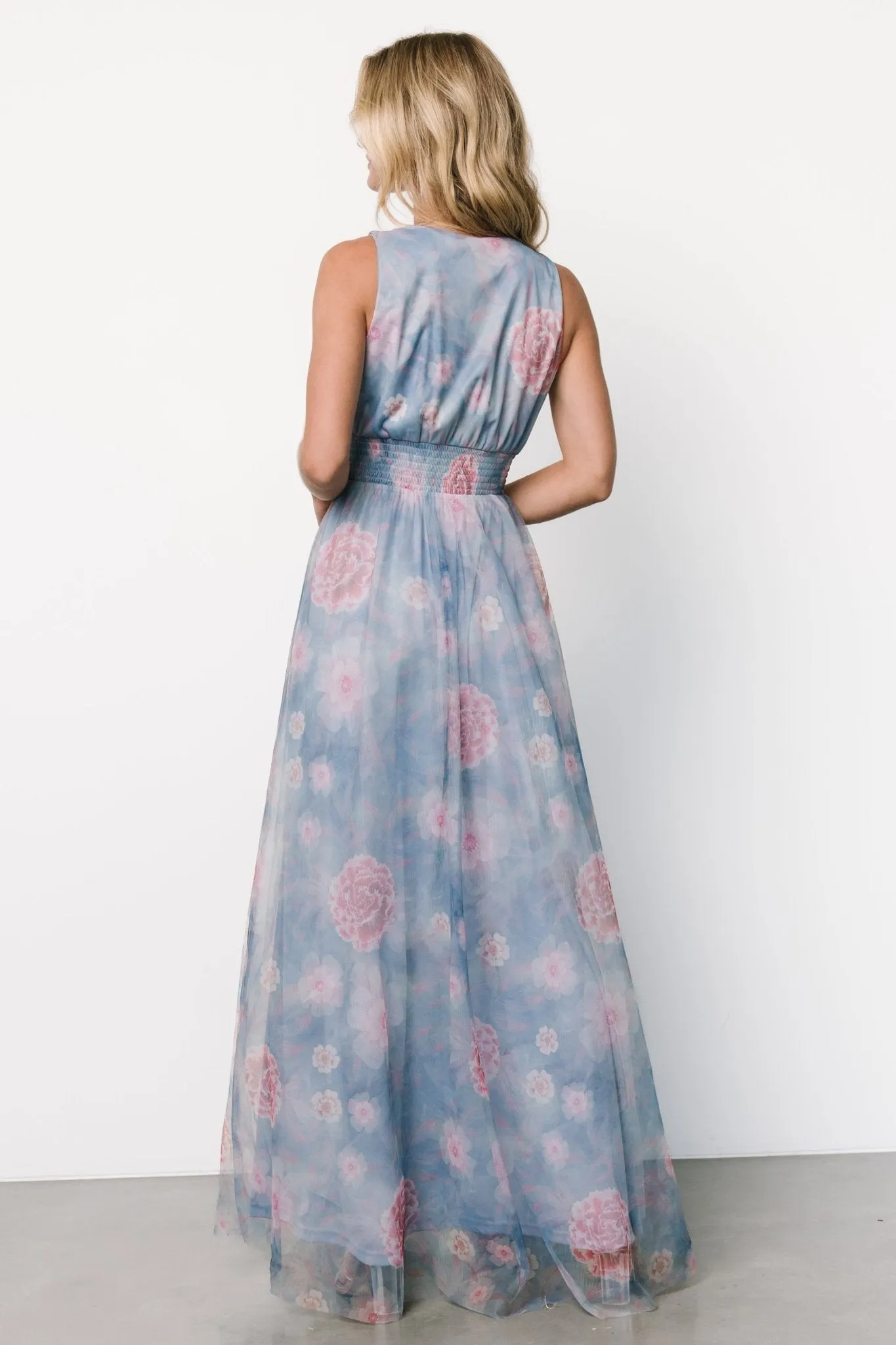 Kamila Tulle Maxi Dress | Light Blue + Pink Floral sold by Baltic Born product image thumbnail 4