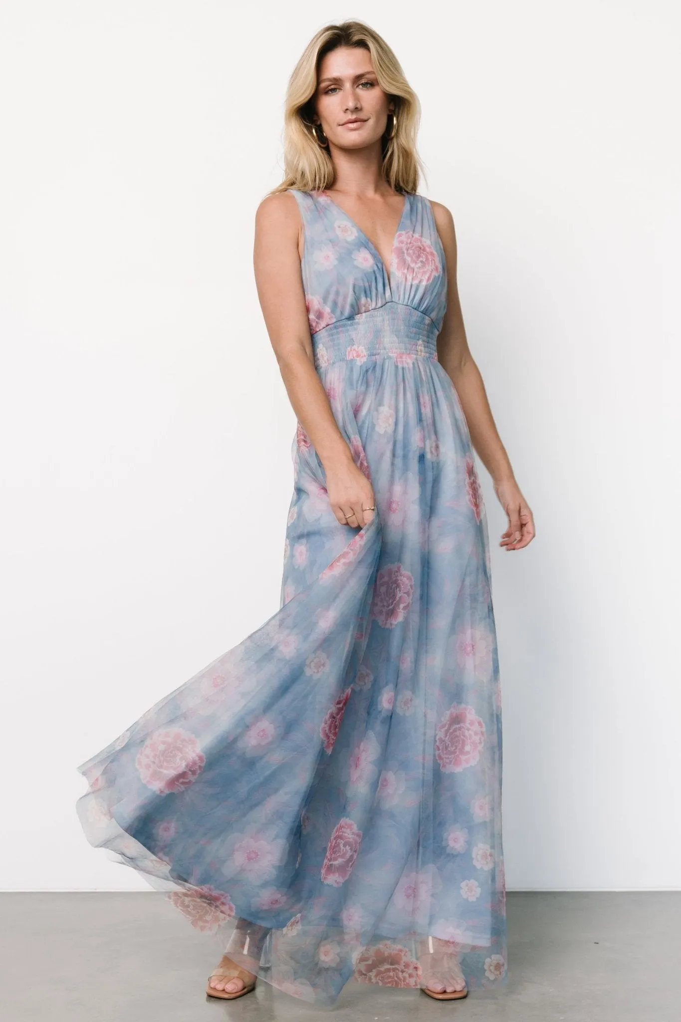 Kamila Tulle Maxi Dress | Light Blue + Pink Floral sold by Baltic Born product image thumbnail 5