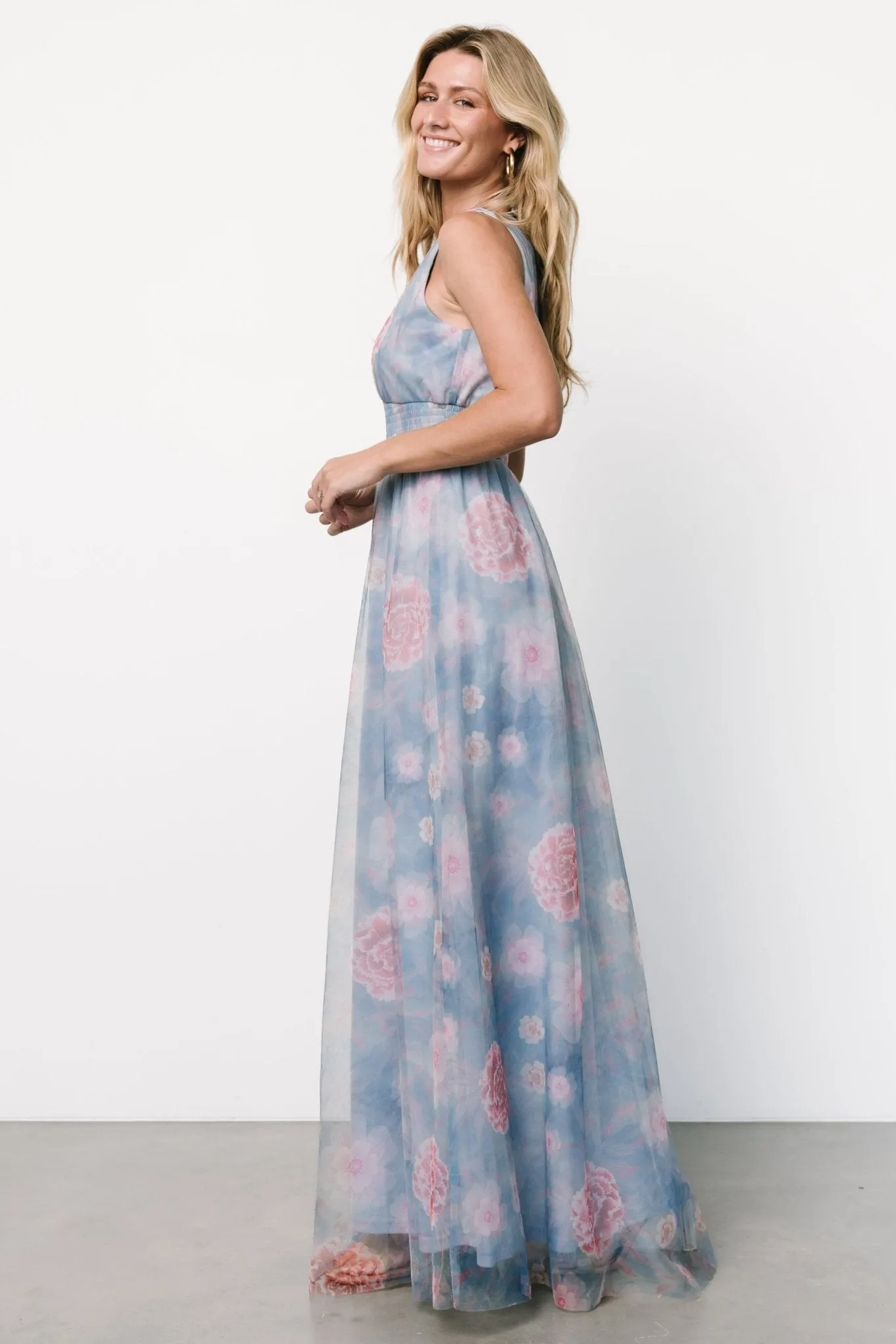 Kamila Tulle Maxi Dress | Light Blue + Pink Floral sold by Baltic Born product image thumbnail 3