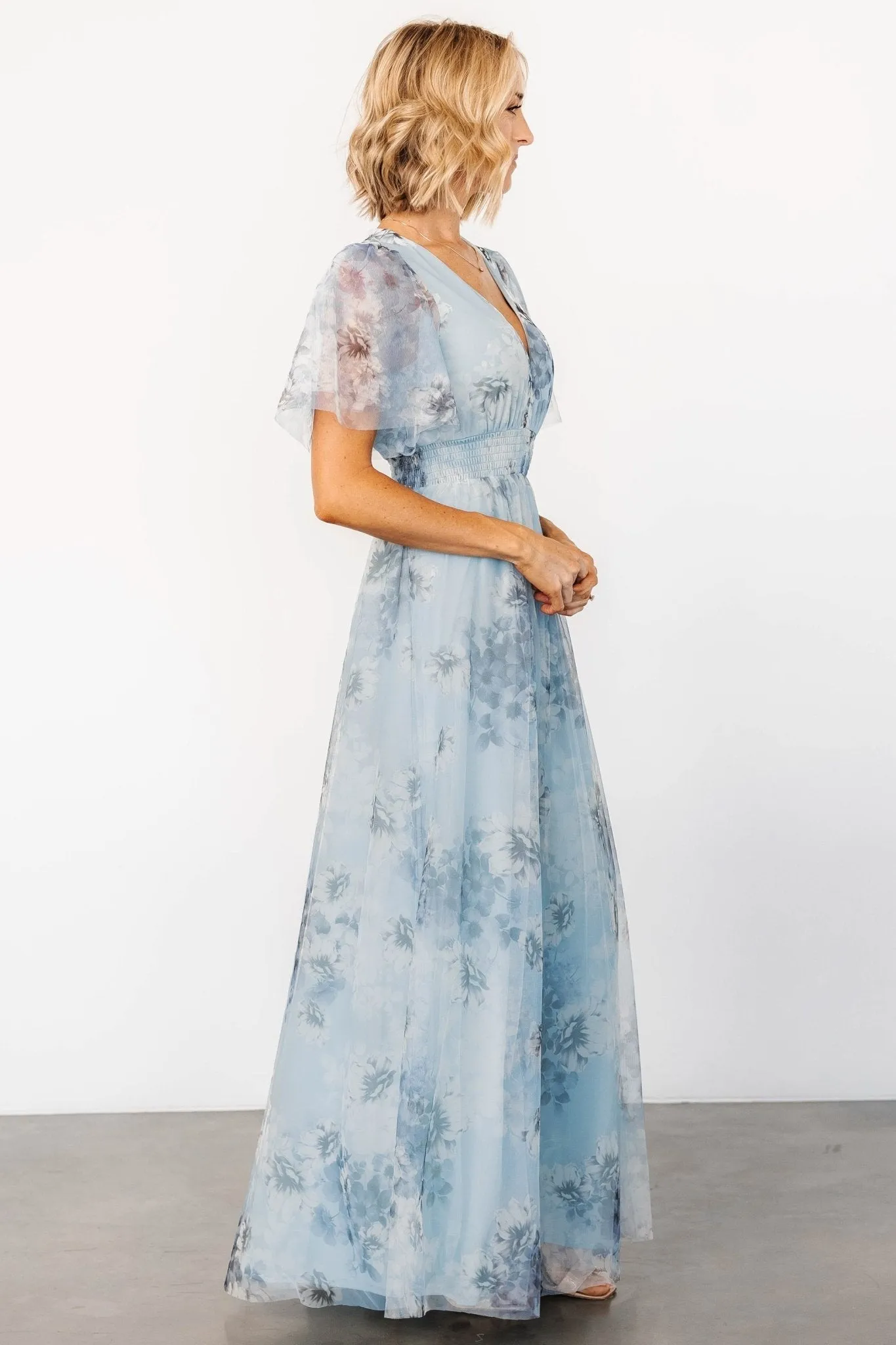 Cressida Tulle Maxi Dress | Blue + Off White Floral sold by Baltic Born product image thumbnail 3