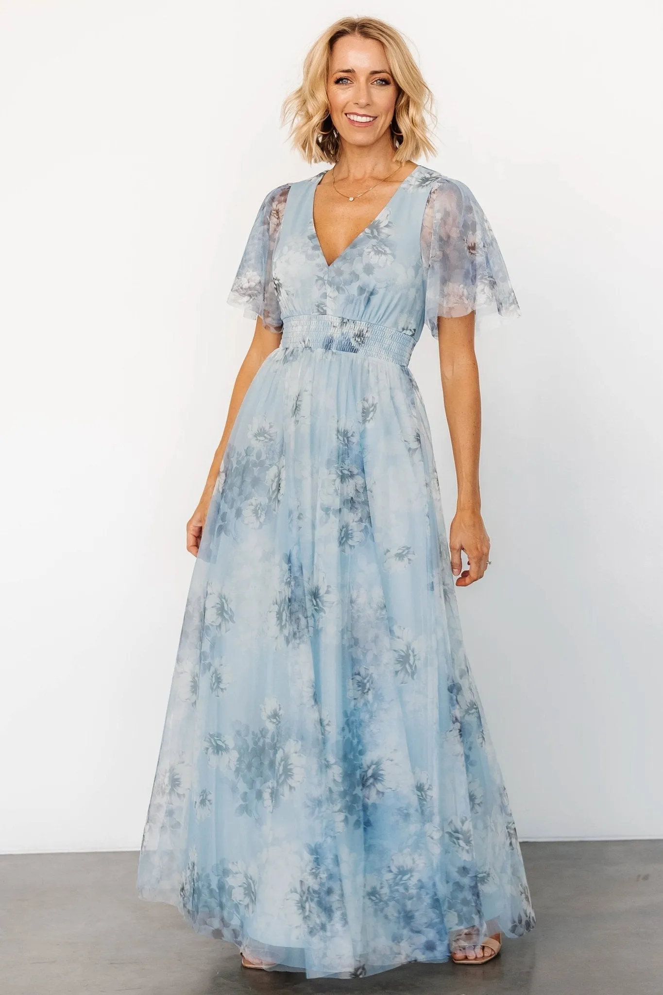 Cressida Tulle Maxi Dress | Blue + Off White Floral sold by Baltic Born