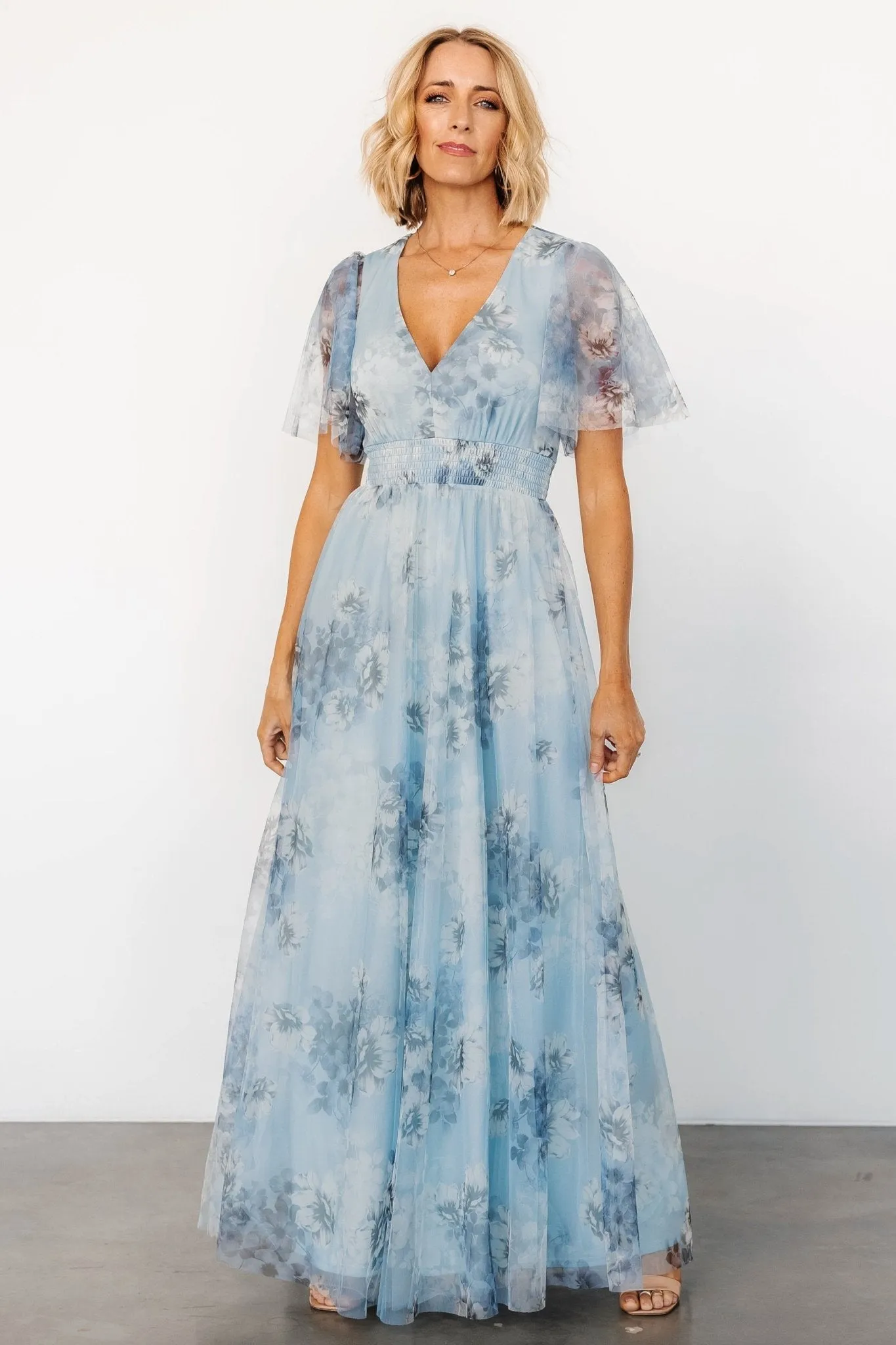 Cressida Tulle Maxi Dress | Blue + Off White Floral sold by Baltic Born product image thumbnail 5