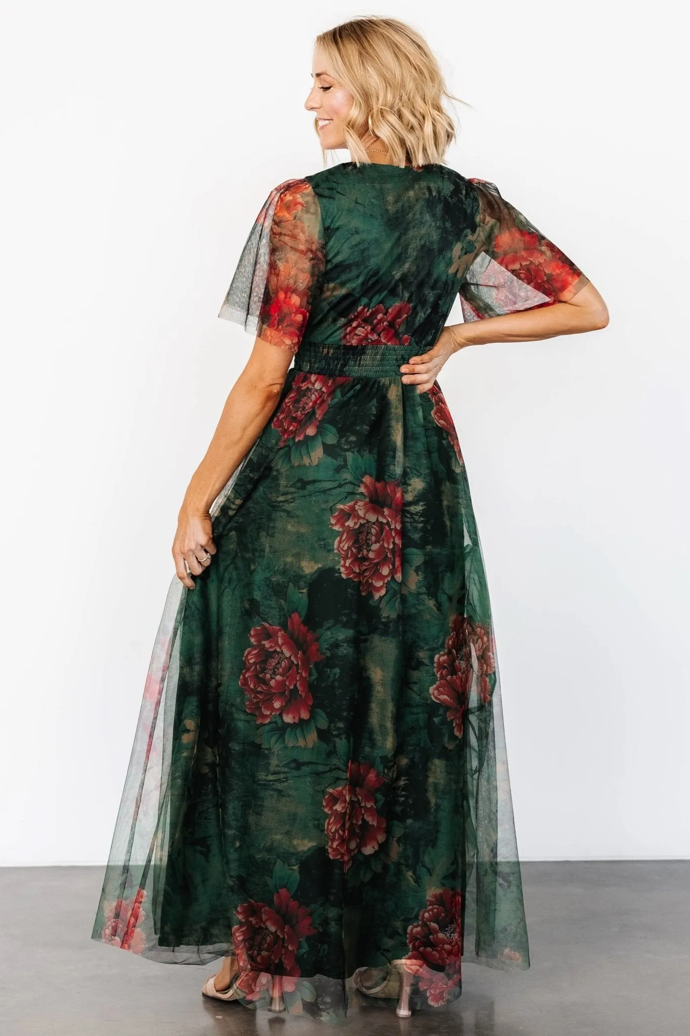 Cressida Tulle Maxi Dress | Dark Green + Red Floral sold by Baltic Born product image thumbnail 5