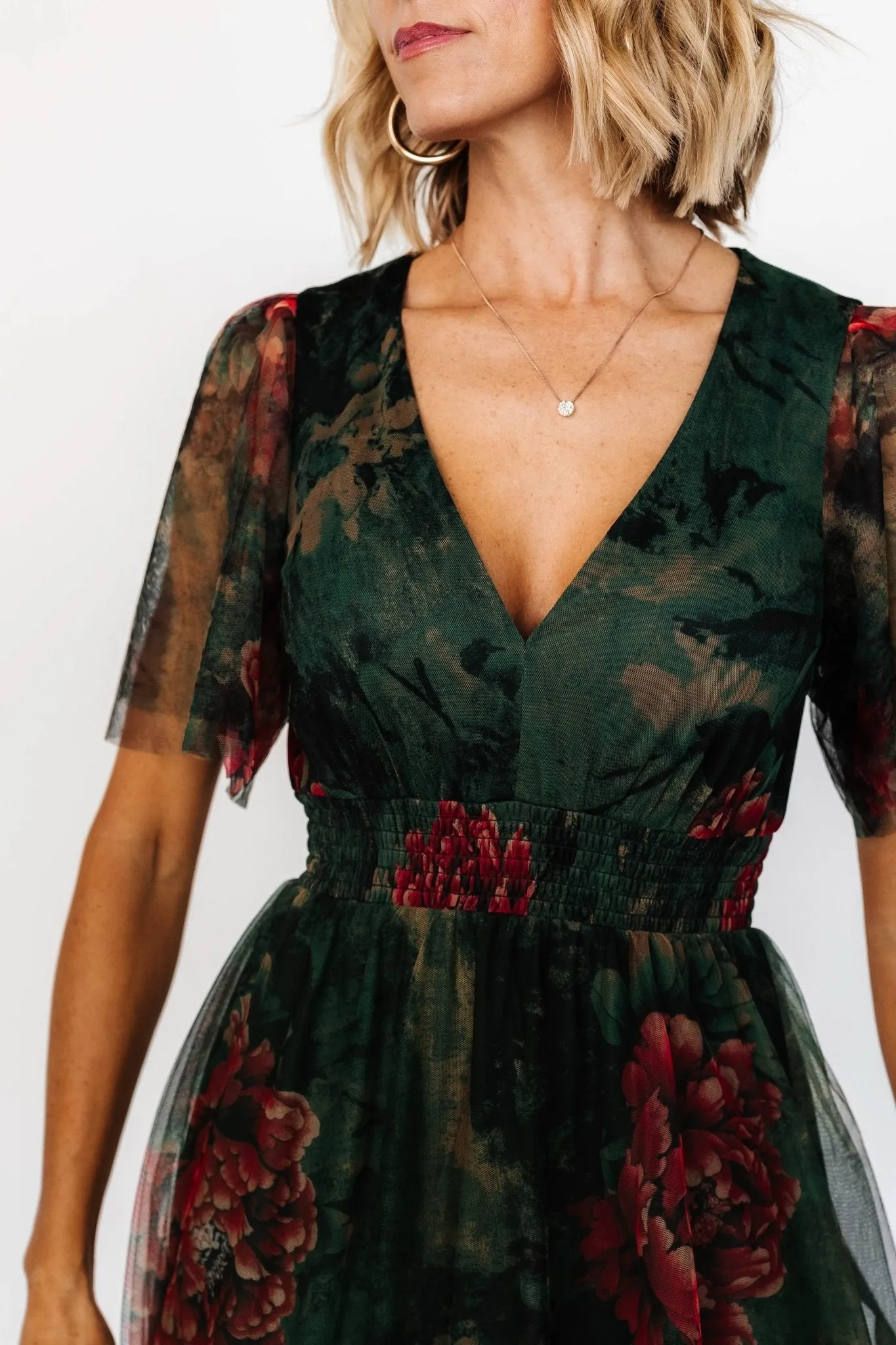 Cressida Tulle Maxi Dress | Dark Green + Red Floral sold by Baltic Born product image thumbnail 2