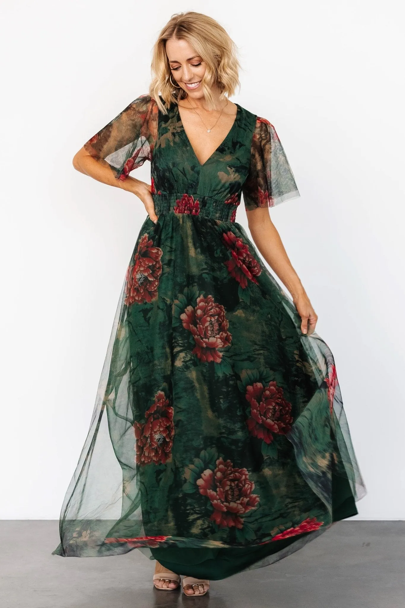 Cressida Tulle Maxi Dress | Dark Green + Red Floral sold by Baltic Born product image thumbnail 4