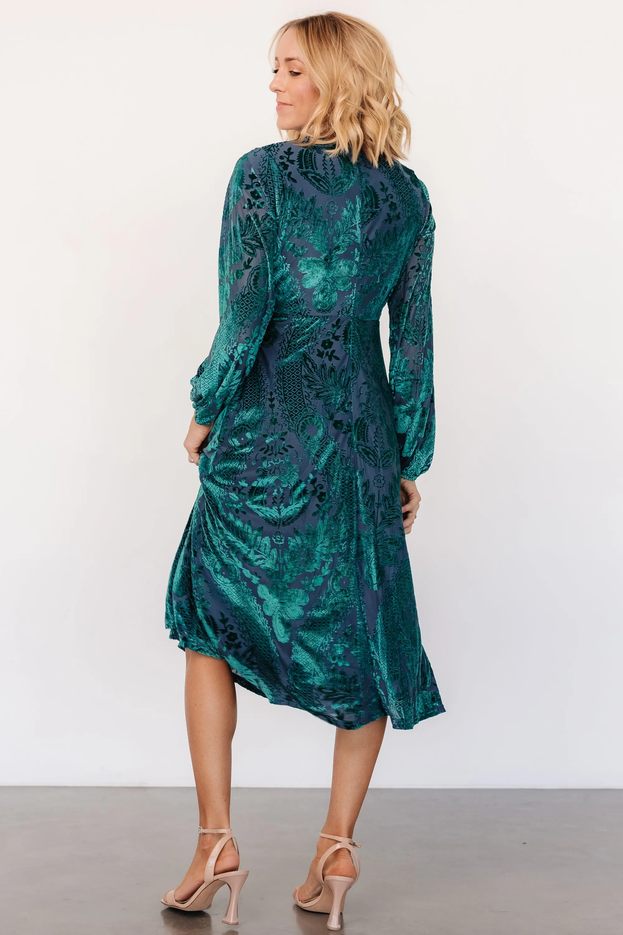 Lorielle Velvet Midi Dress | Emerald Print sold by Baltic Born product image thumbnail 4