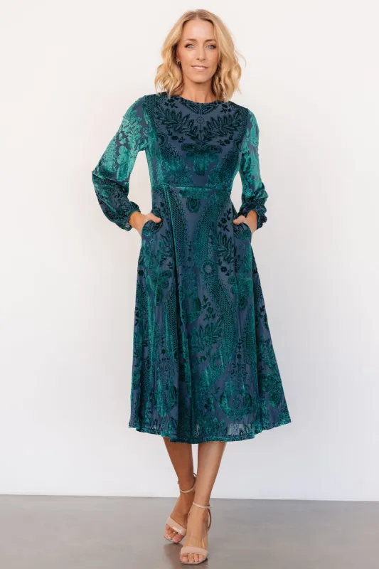 Lorielle Velvet Midi Dress | Emerald Print sold by Baltic Born