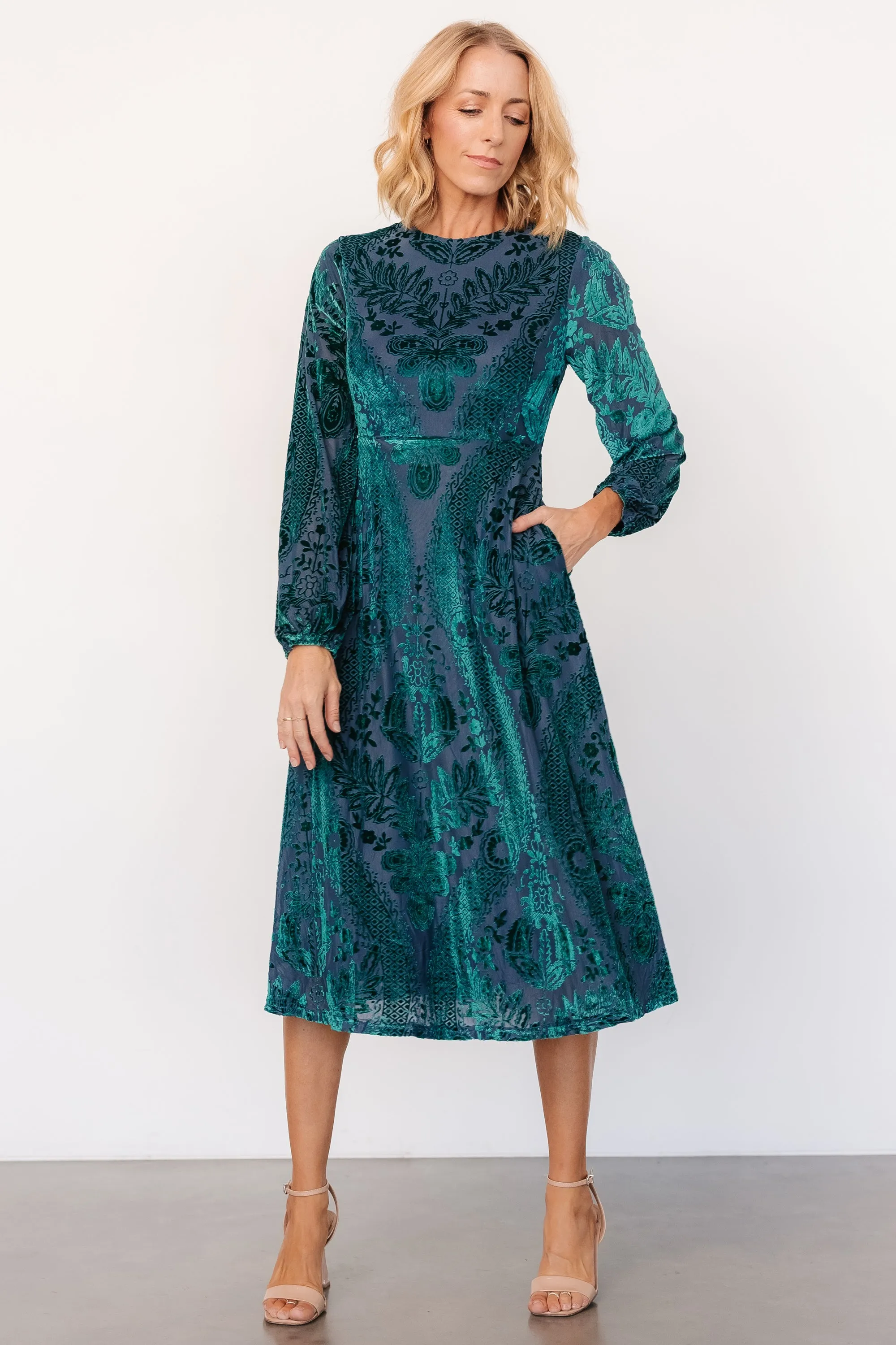 Lorielle Velvet Midi Dress | Emerald Print sold by Baltic Born product image thumbnail 5