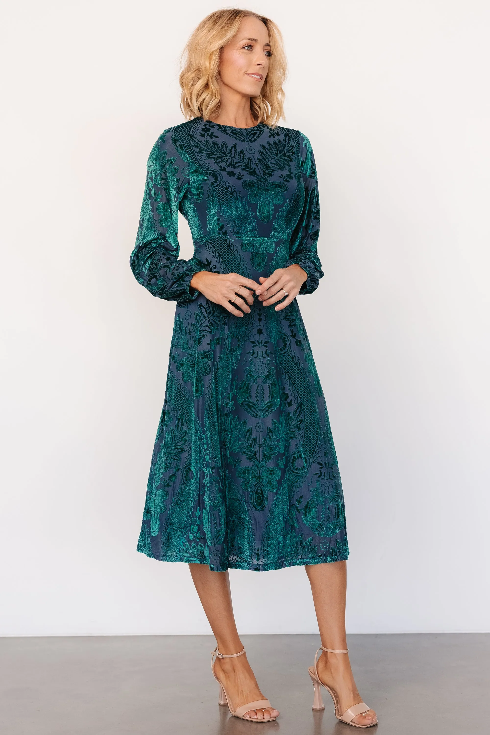 Lorielle Velvet Midi Dress | Emerald Print sold by Baltic Born product image thumbnail 3