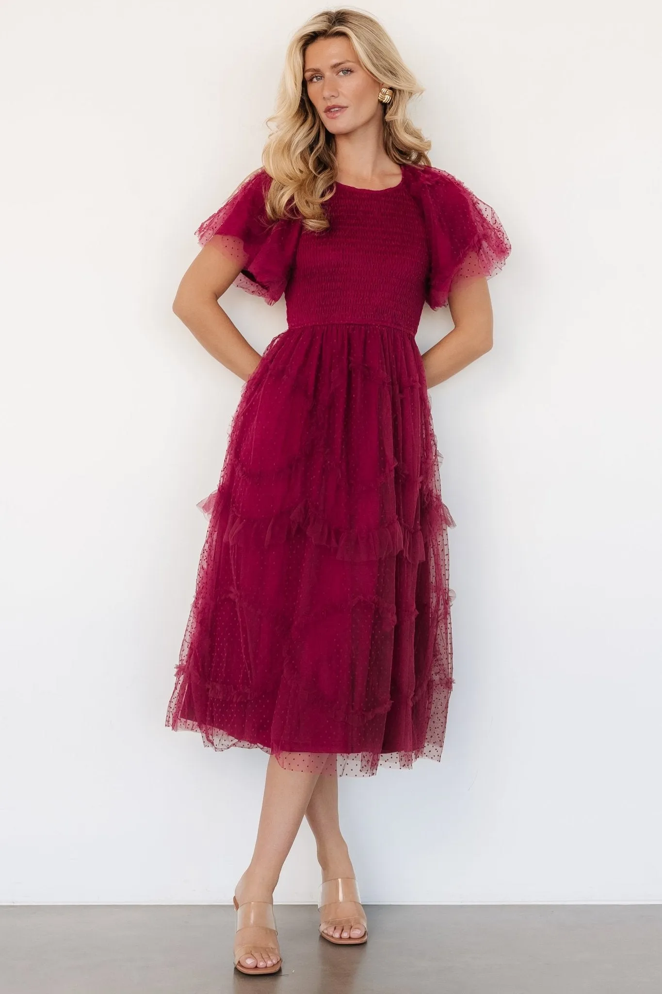 Ambrose Dotted Tulle Midi Dress | Burgundy sold by Baltic Born
