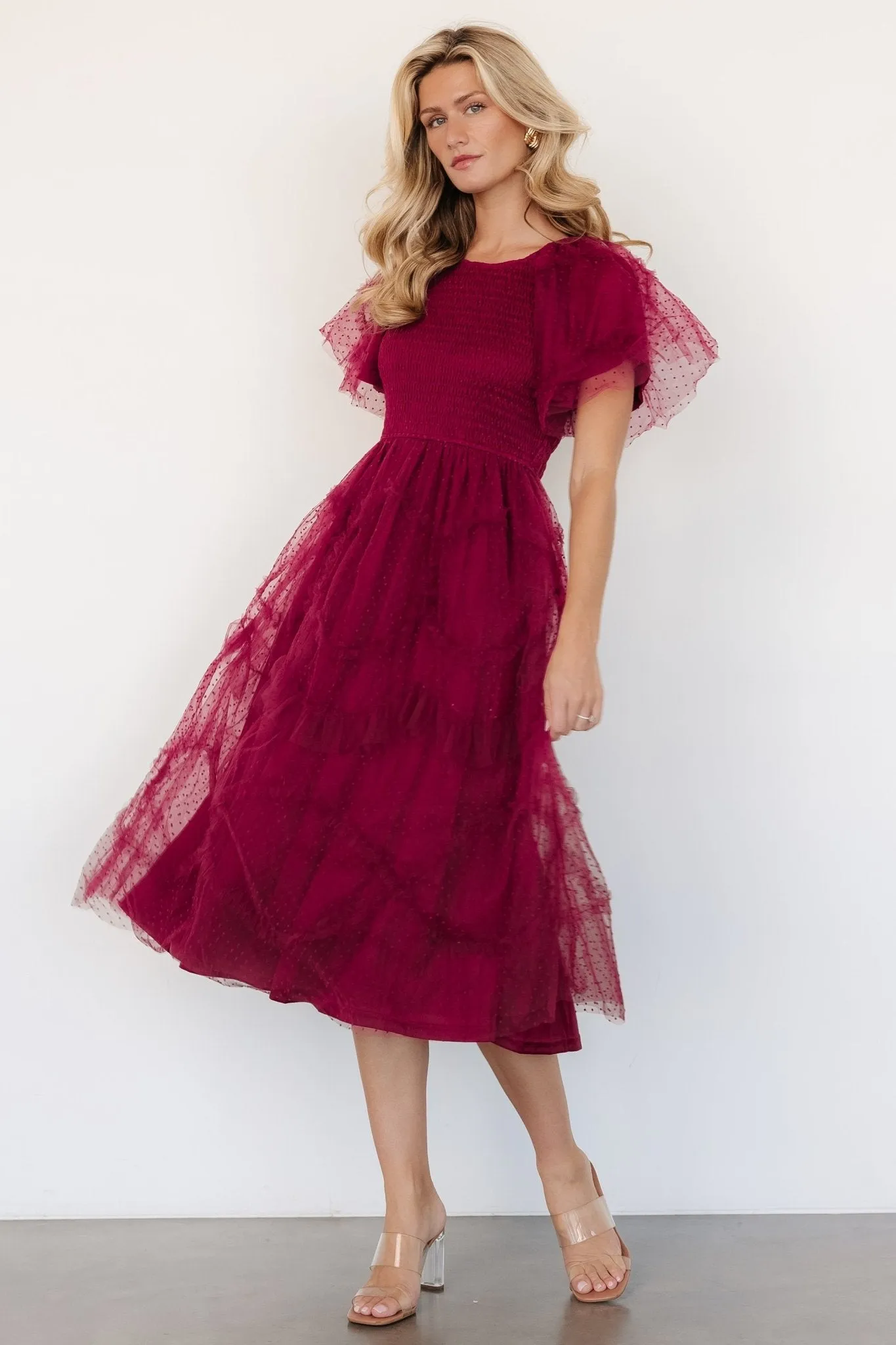 Ambrose Dotted Tulle Midi Dress | Burgundy sold by Baltic Born product image thumbnail 5
