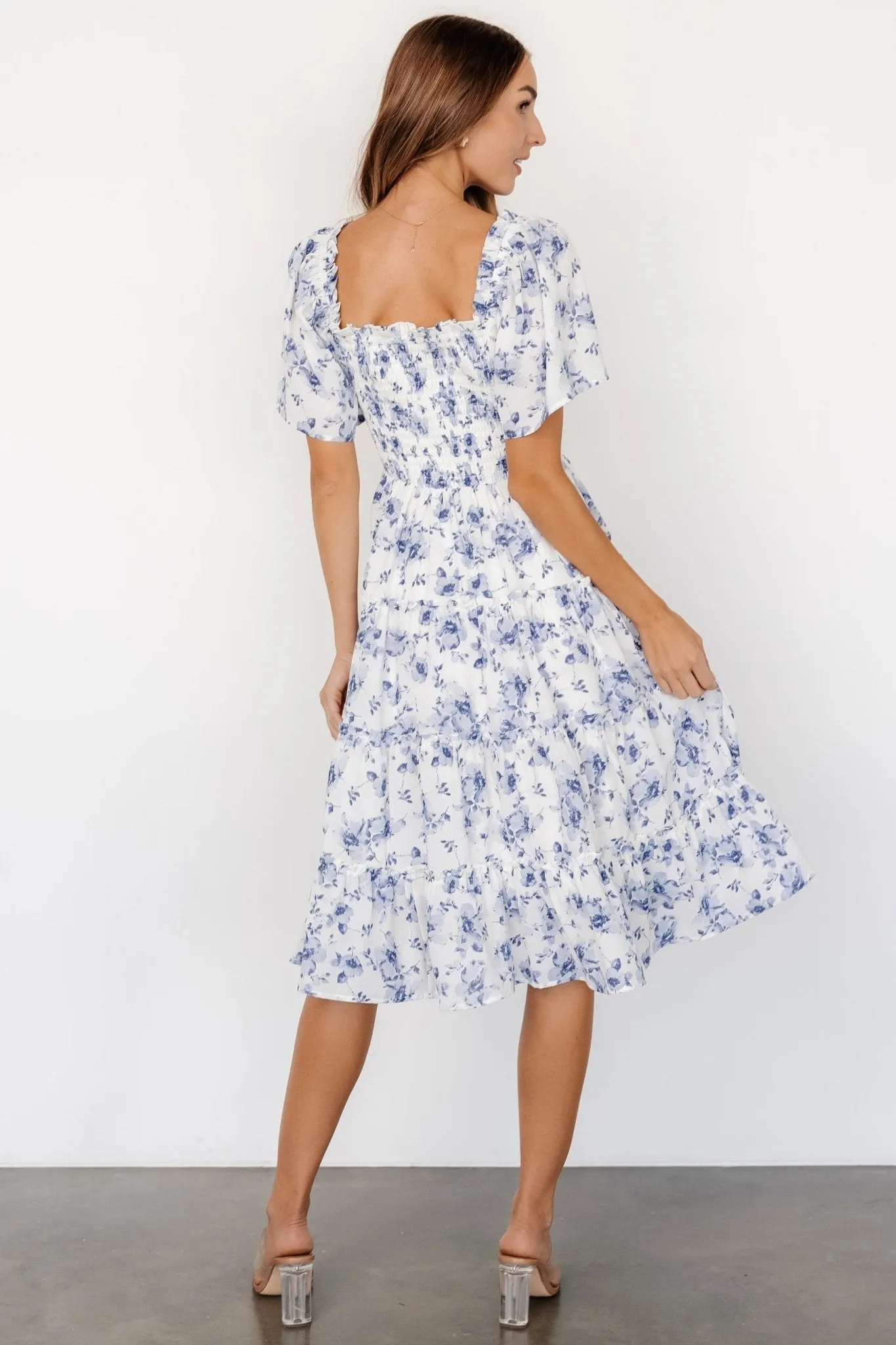 Lilla Tiered Midi Dress | Off-White + Blue Floral sold by Baltic Born product image thumbnail 4