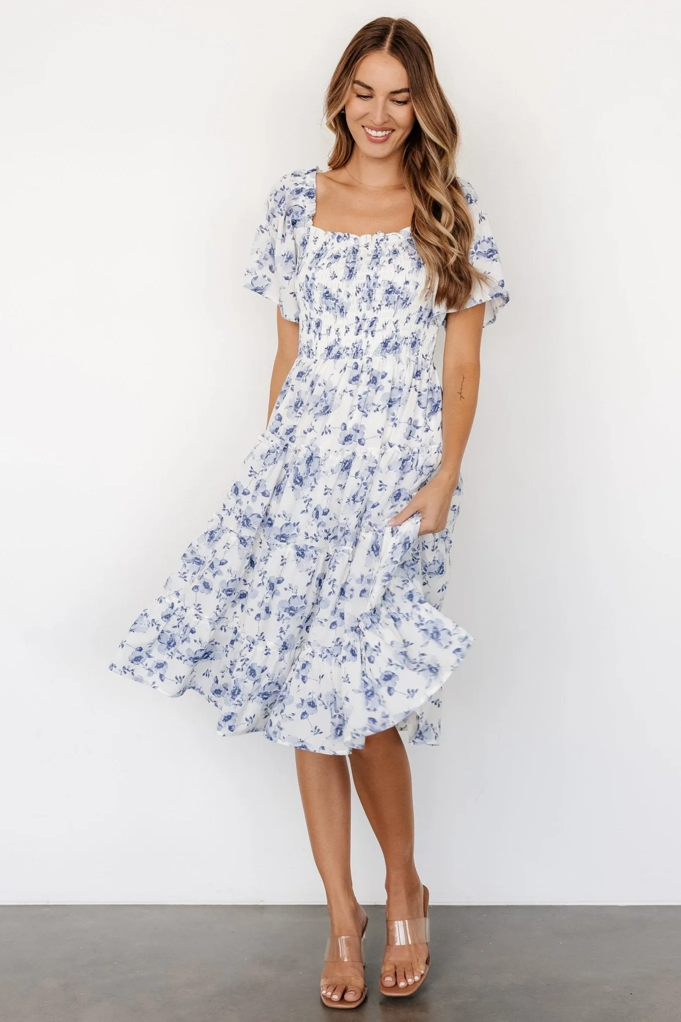 Lilla Tiered Midi Dress | Off-White + Blue Floral sold by Baltic Born product image thumbnail 5