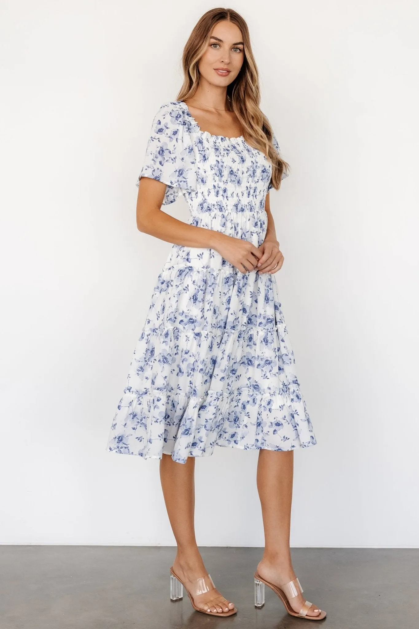 Lilla Tiered Midi Dress | Off-White + Blue Floral sold by Baltic Born product image thumbnail 3