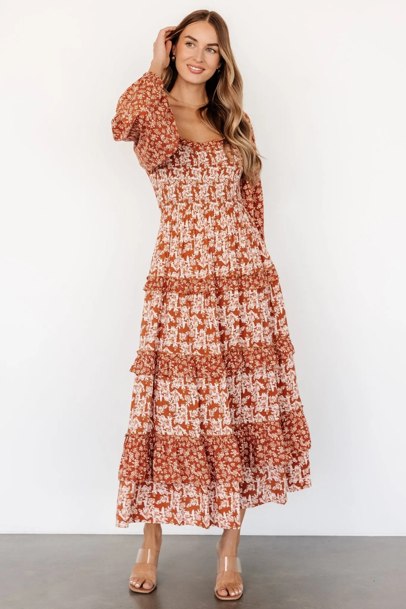 Dynah Tiered Dress | Rust +Cream Floral sold by Baltic Born product image thumbnail 4