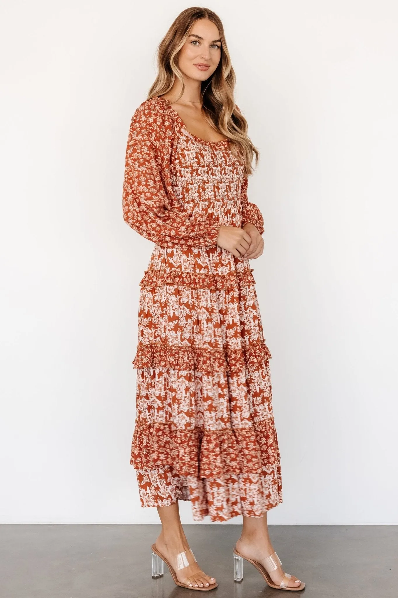 Dynah Tiered Dress | Rust +Cream Floral sold by Baltic Born product image thumbnail 3