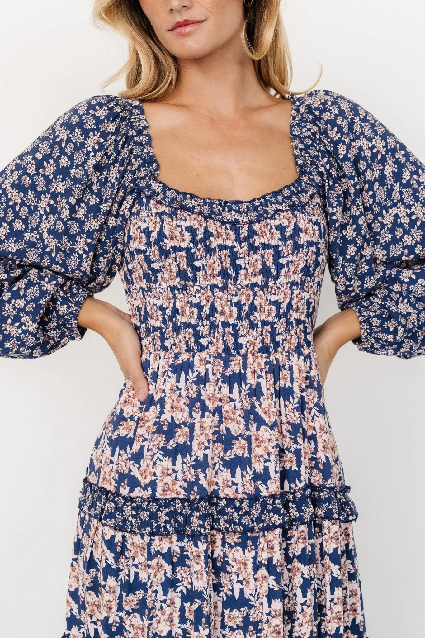 Dynah Tiered Dress | Blue + Cream Floral sold by Baltic Born product image thumbnail 2