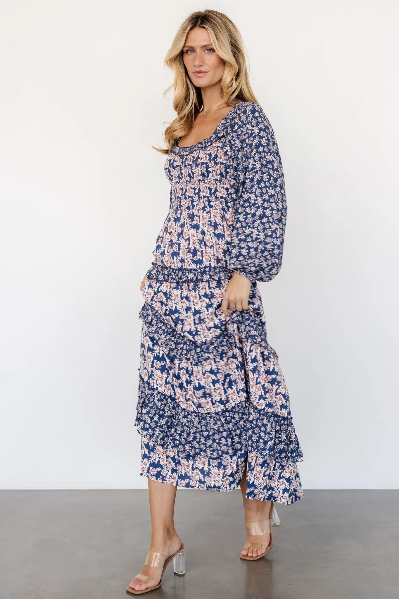 Dynah Tiered Dress | Blue + Cream Floral sold by Baltic Born product image thumbnail 3