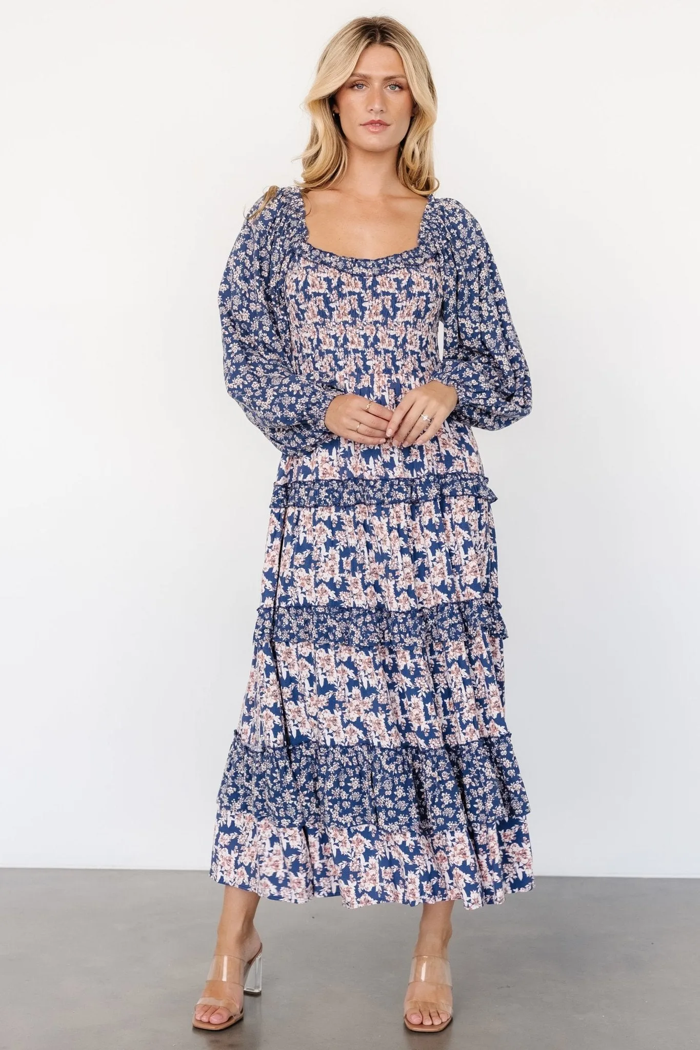 Dynah Tiered Dress | Blue + Cream Floral sold by Baltic Born product image thumbnail 4