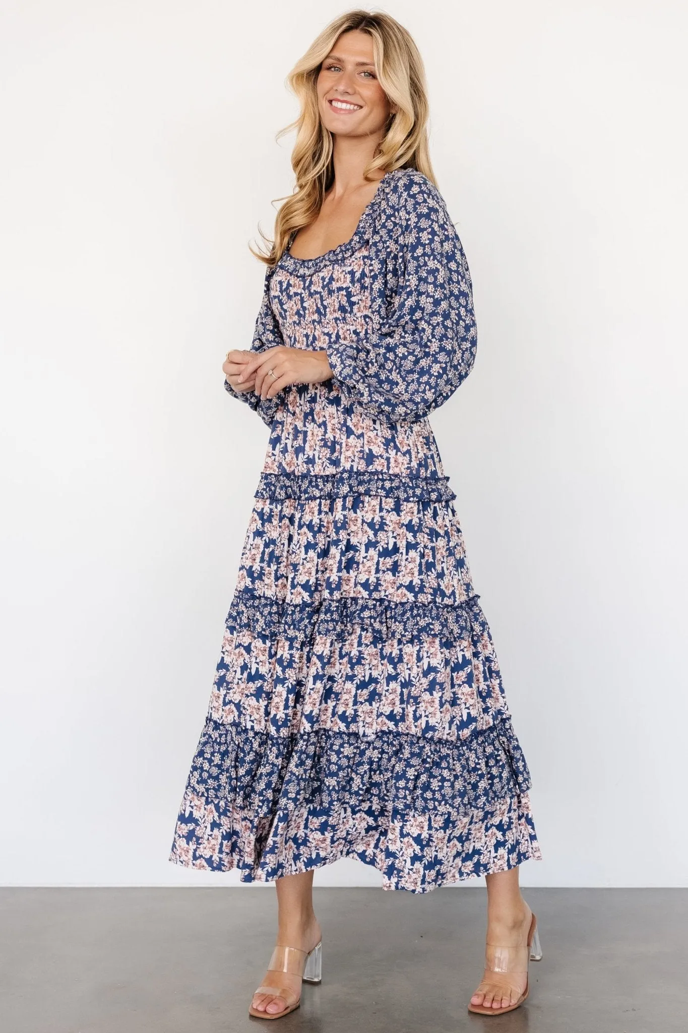 Dynah Tiered Dress | Blue + Cream Floral sold by Baltic Born
