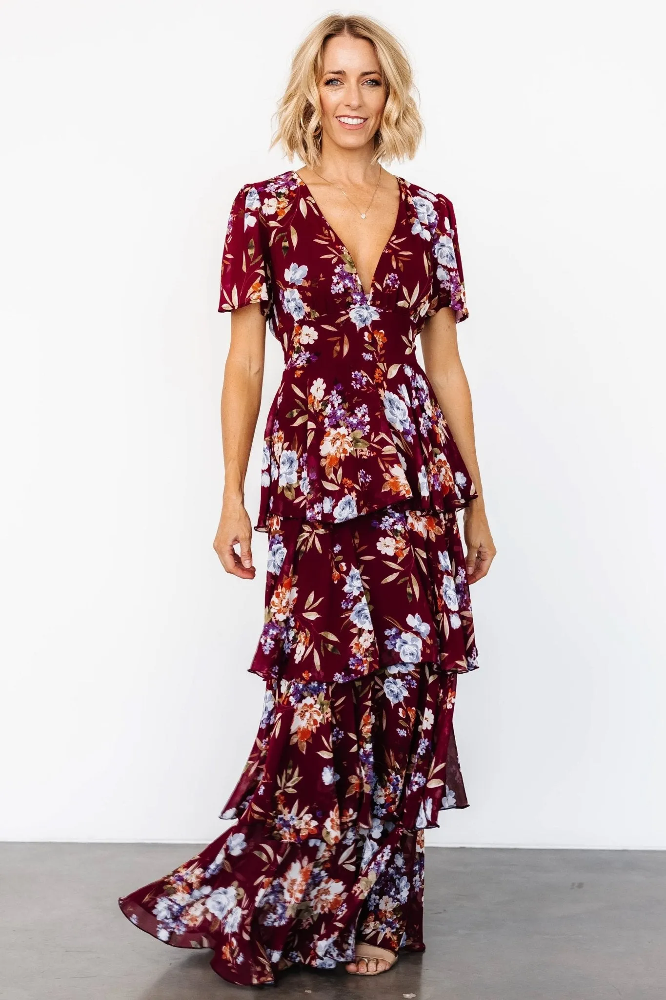 Montaigne Ruffle Maxi Dress | Mulberry Floral sold by Baltic Born