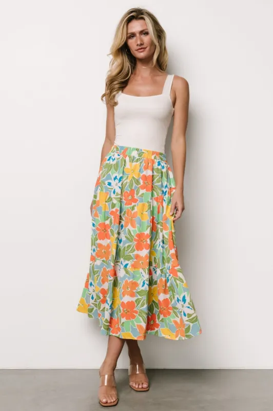 Nika Tiered Skirt | Orange + Blue Floral sold by Baltic Born