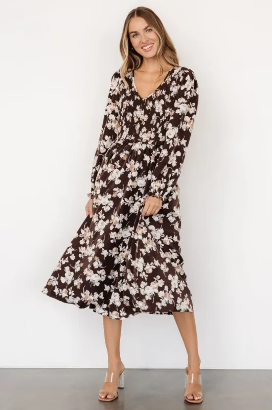 Matilda Smocked Midi Dress | Brown Floral sold by Baltic Born