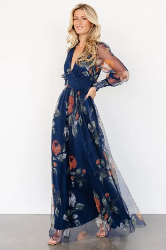 Layla Tulle Maxi Dress | Navy Blue Floral sold by Baltic Born