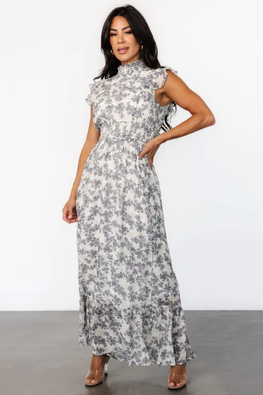 Kearny Ruffle Maxi Dress | Cream + Navy Floral sold by Baltic Born