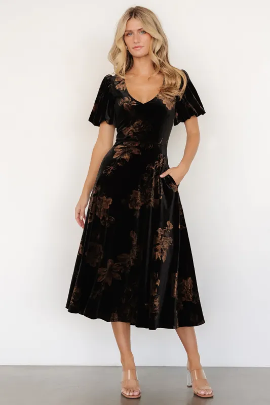 Janna Velvet Midi Dress | Black + Bronze Floral sold by Baltic Born