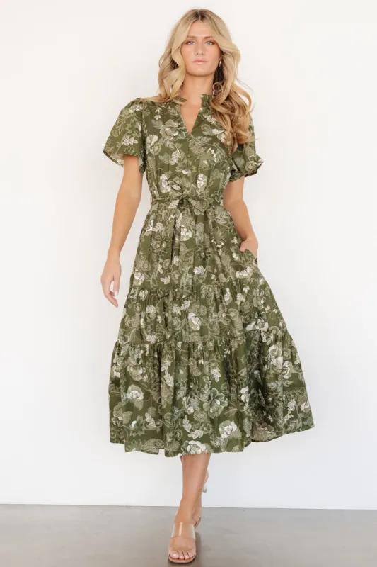 Adara Midi Dress | Olive Floral sold by Baltic Born