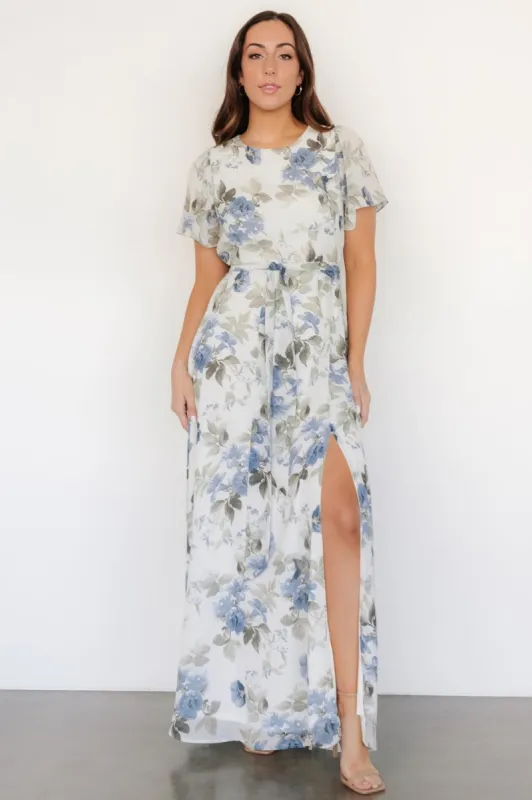 Naomi Short Sleeve Maxi Dress | Dusty Blue Floral sold by Baltic Born