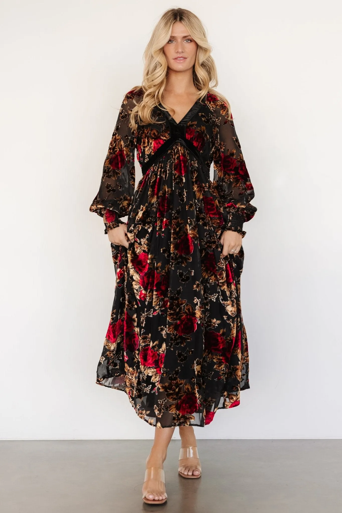 Adele Velvet Dress | Black + Rose Floral sold by Baltic Born product image thumbnail 4