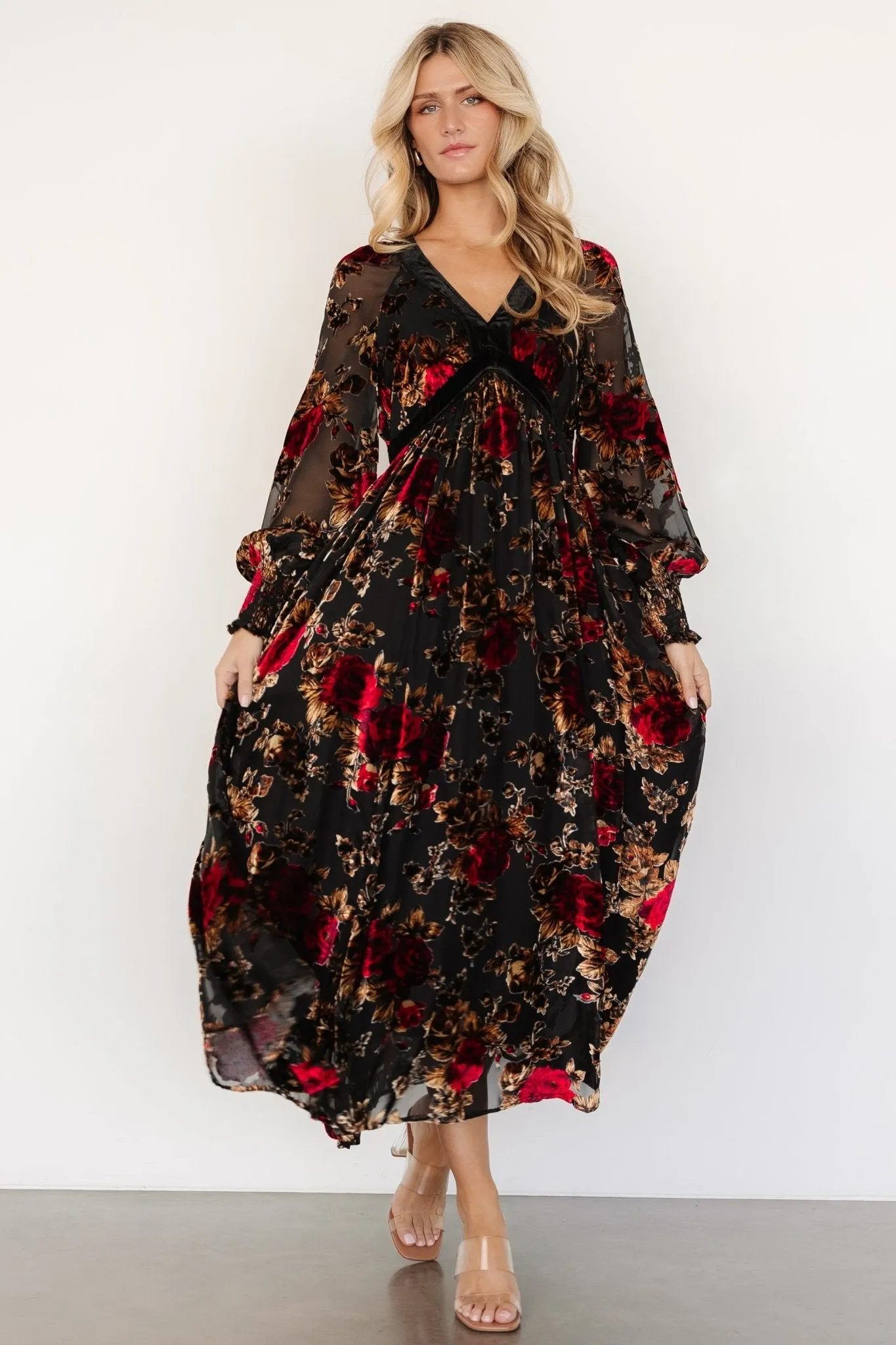 Adele Velvet Dress | Black + Rose Floral sold by Baltic Born