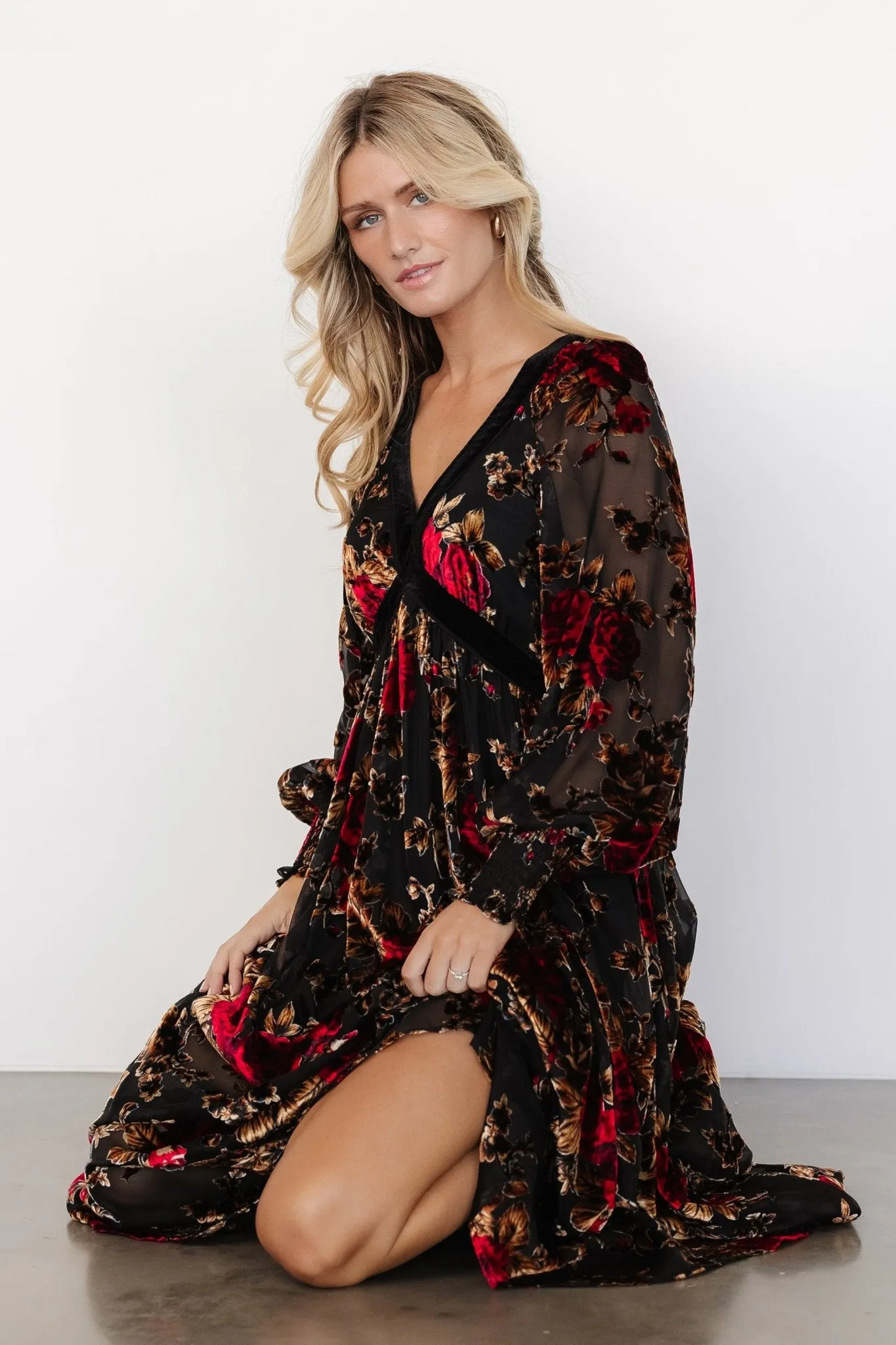 Adele Velvet Dress | Black + Rose Floral sold by Baltic Born product image thumbnail 2