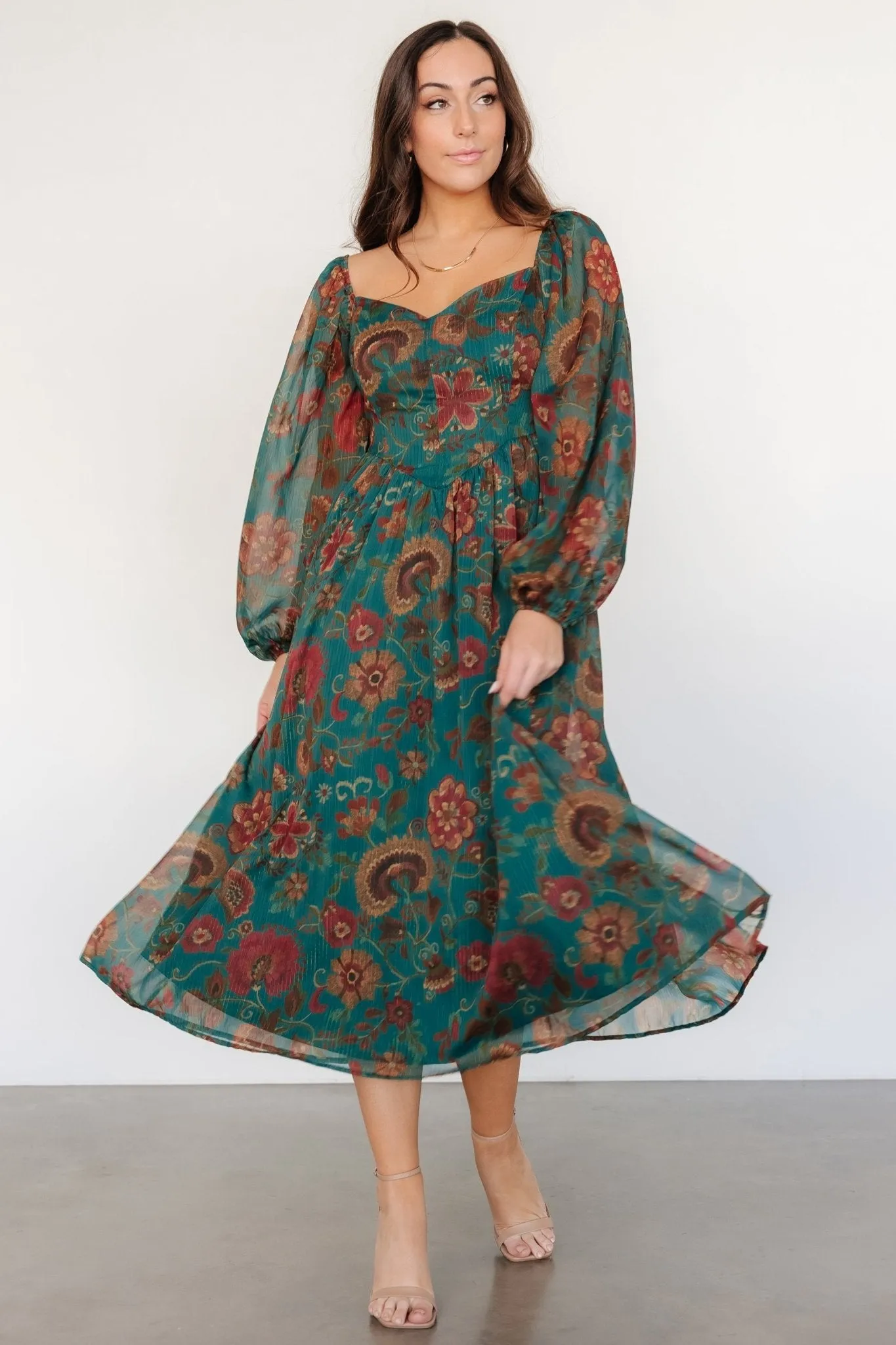 Babette Basque Waist Dress | Teal Multi Floral sold by Baltic Born