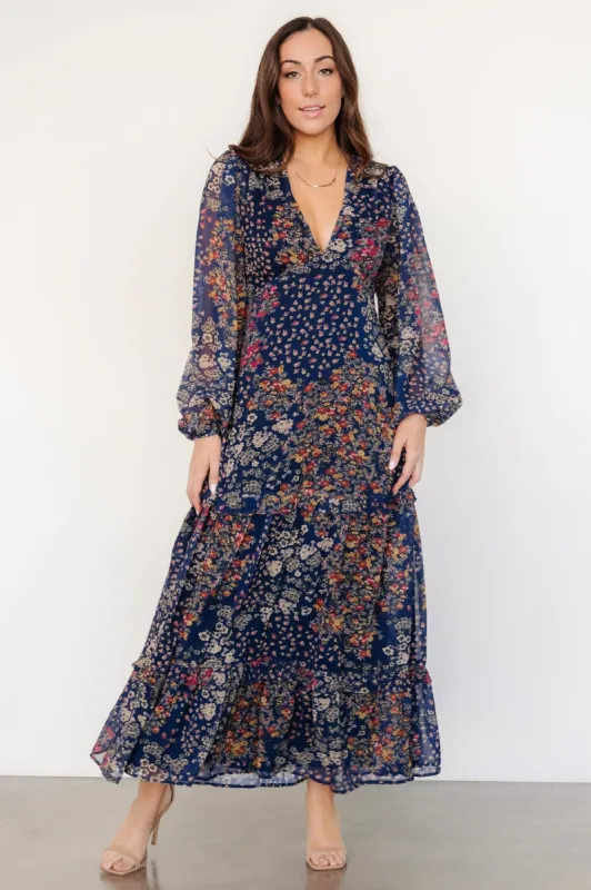 Bowman Deep V Maxi Dress | Dark Blue Multi sold by Baltic Born