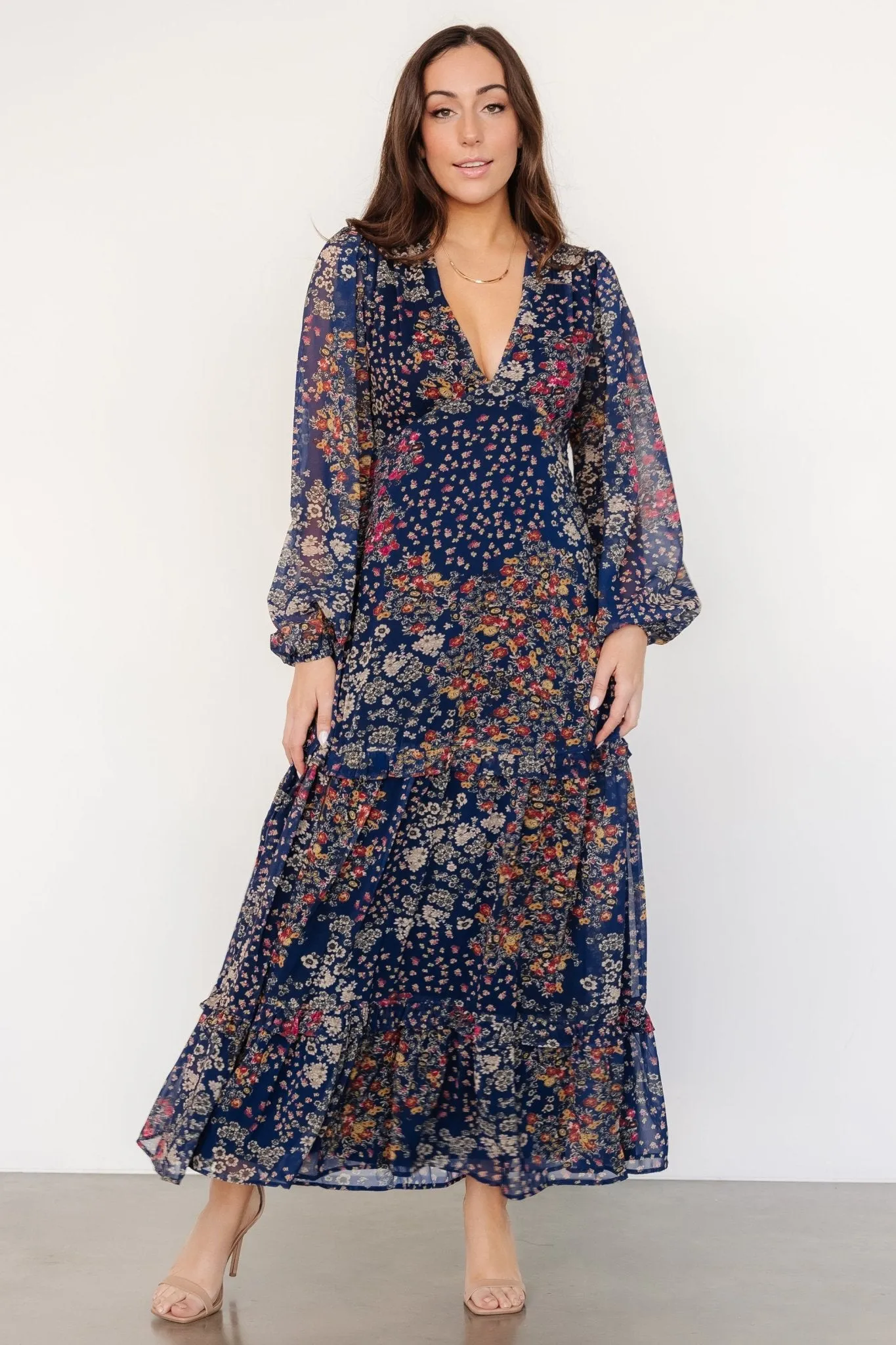 Bowman Deep V Maxi Dress | Dark Blue Multi sold by Baltic Born